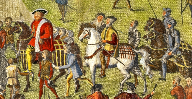 Tapestry showing KIng Henry followed by Charles Brandon & Anthony Browne