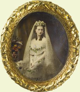 Princess Alexandra in her wedding gown; Royal Collection.