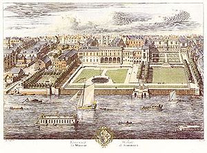 Old Somerset House, shown here in a drawing by Jan Kip published in 1722, was a sprawling and irregular complex with wings from different periods in a mixture of styles. The buildings behind all four square gardens belong to Somerset House.