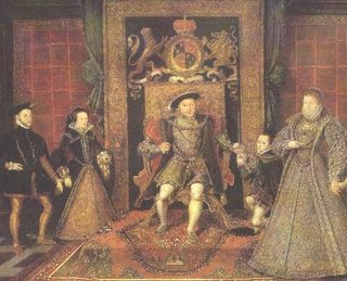 Allegory of the Tudor dynasty (detail), attributed to Lucas de Heere, c.1572: left to right, Philip II of Spain, Mary, Henry VIII, Edward VI, Elizabeth.