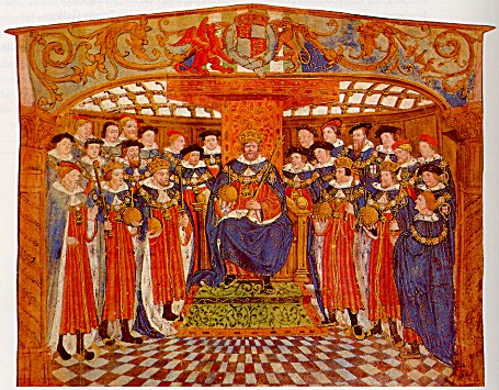 Henry VIII and the Knights of the Garter, c.1534, in an illumination from the register of the Garter known as the Black Book.