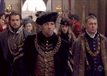 JRM as King Henry VIII with Henry Howard played by David O'Hara & Charles Brandon played by Henry Cavill